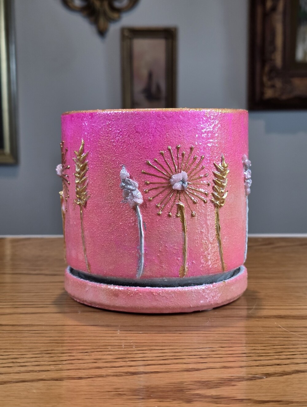 Handcrafted Pink Crystal Planter Pot - 3D Dandelion Wheat 4.75" Ceramic Saucer